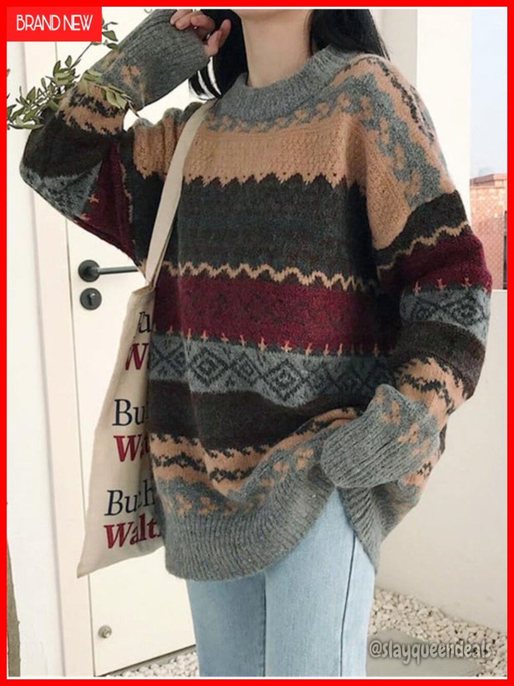 Womens Oversized Vintage Jacquard Knit Pullover Sweater